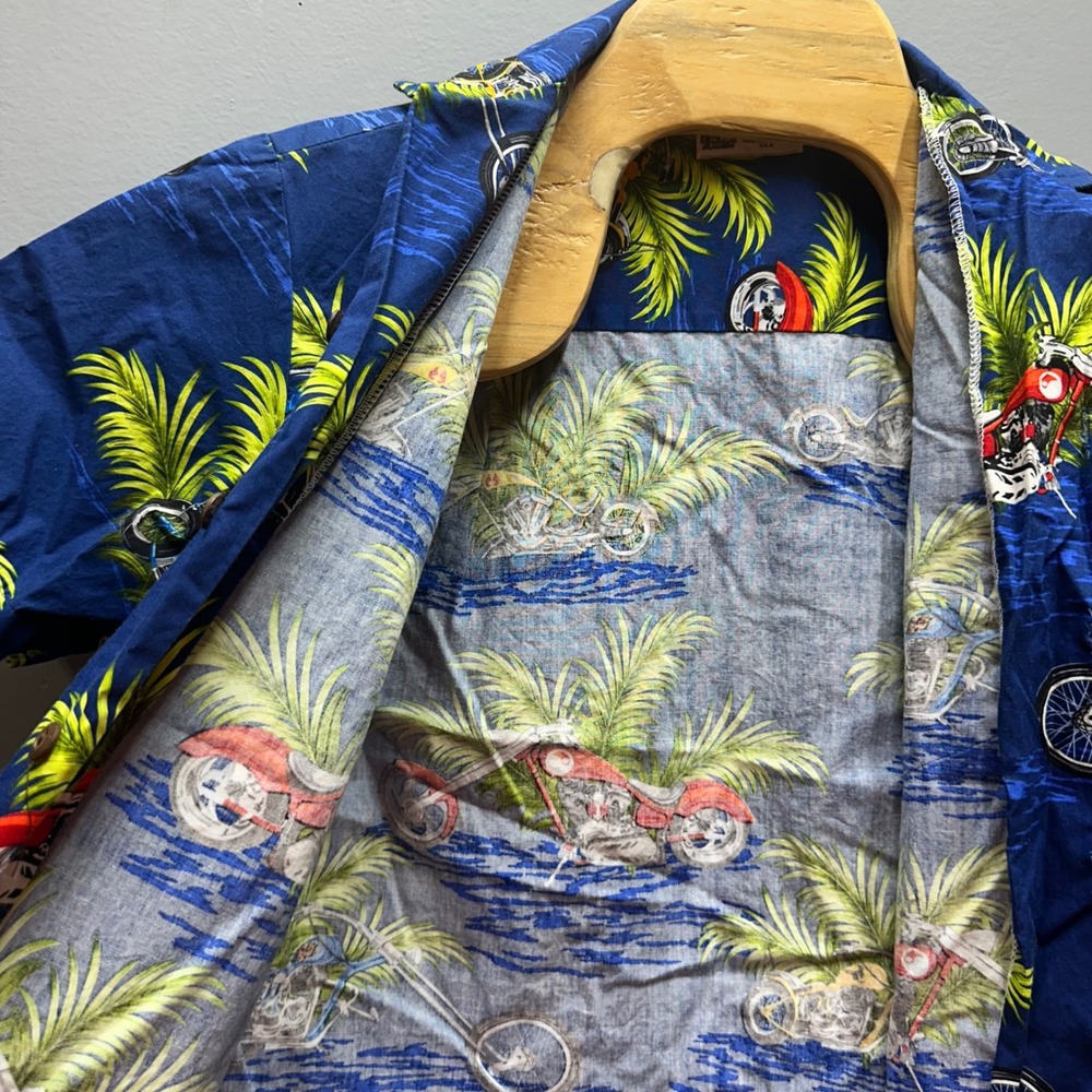 Aloha Republic Hawaiian  Shirt Men S Blue Motorcycle Palm Tree Tropical - Picture 5 of 8